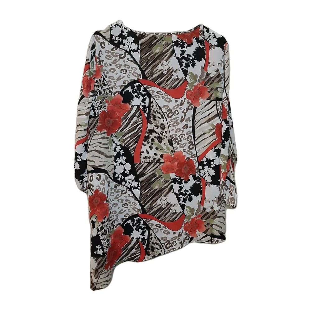Chicos Women Asymmetrical Blouse Size 1 Multicolor Floral Roll Tab Sleeve - Picture 9 of 11